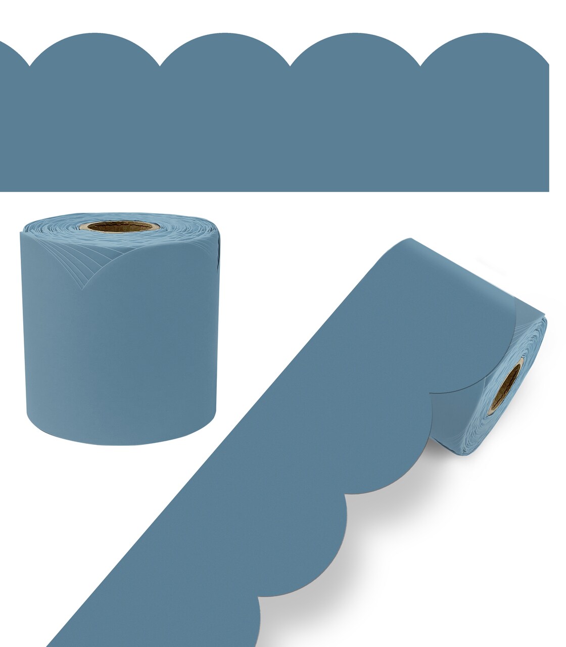 Carson Dellosa 65Ft of Stone Blue Bulletin Board Borders, 1 Roll of Scalloped Trim for Rolling Whiteboard, Cork and Posterboard, Party, Office Decorations, and Classroom Decor